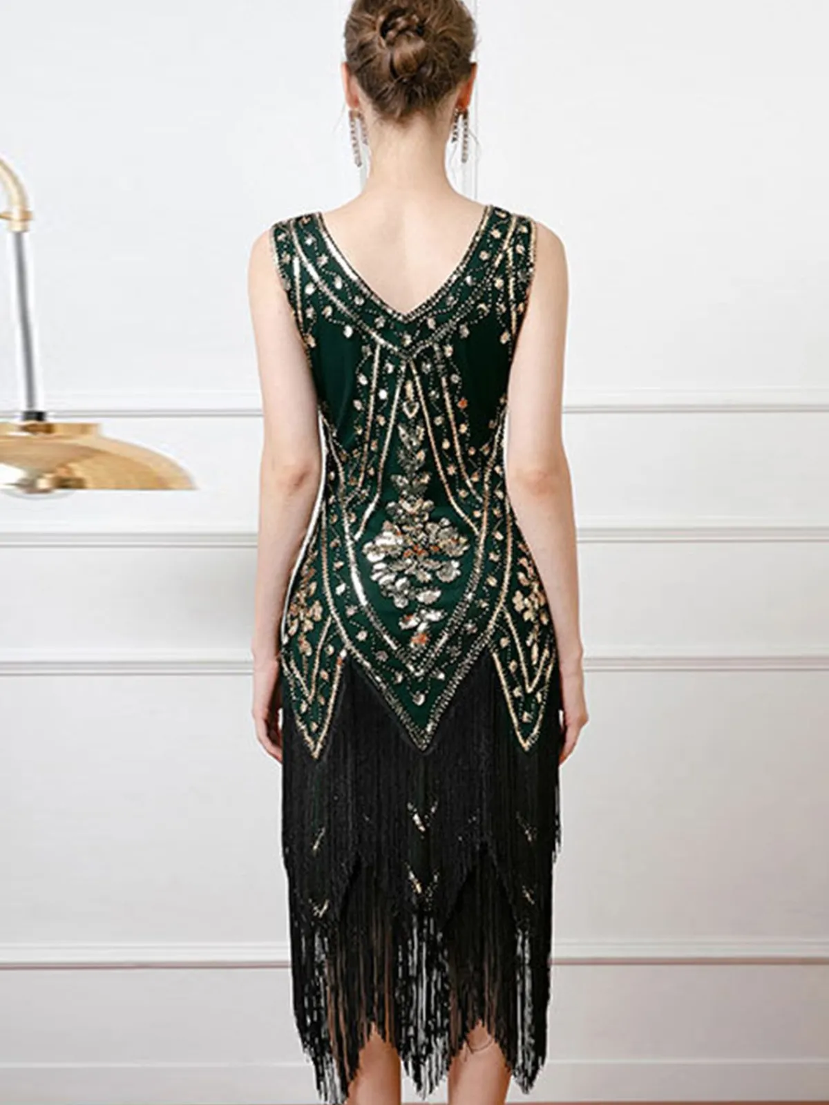 Outlet Retro Stage 1920s V-Neck Sequined Tassel Flapper Sleeveless Dress