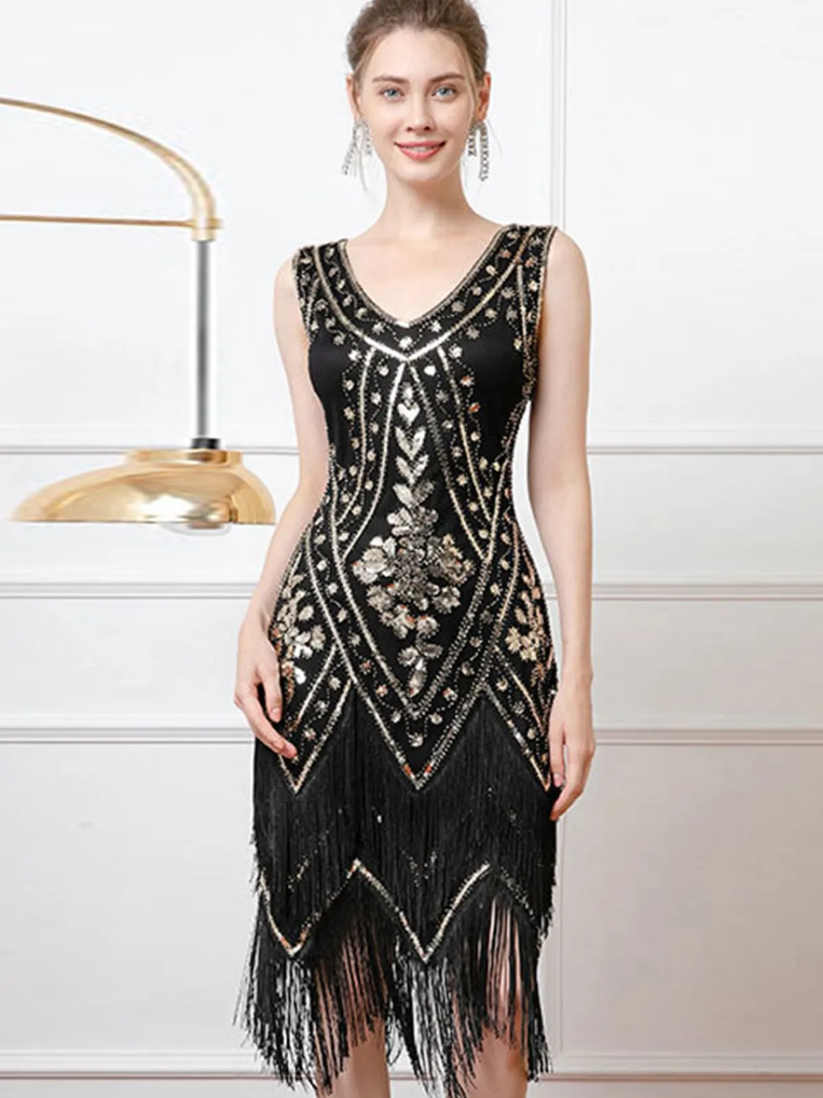 Outlet Retro Stage 1920s V-Neck Sequined Tassel Flapper Sleeveless Dress