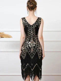 Outlet Retro Stage 1920s V-Neck Sequined Tassel Flapper Sleeveless Dress