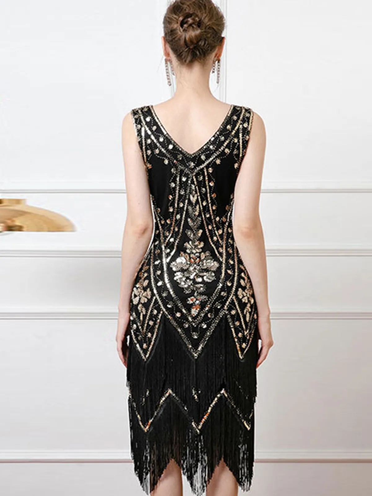 Outlet Retro Stage 1920s V-Neck Sequined Tassel Flapper Sleeveless Dress