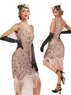 Clearance Retro Stage 1920s V-Neck Sequined Tassel Gatsby Dress