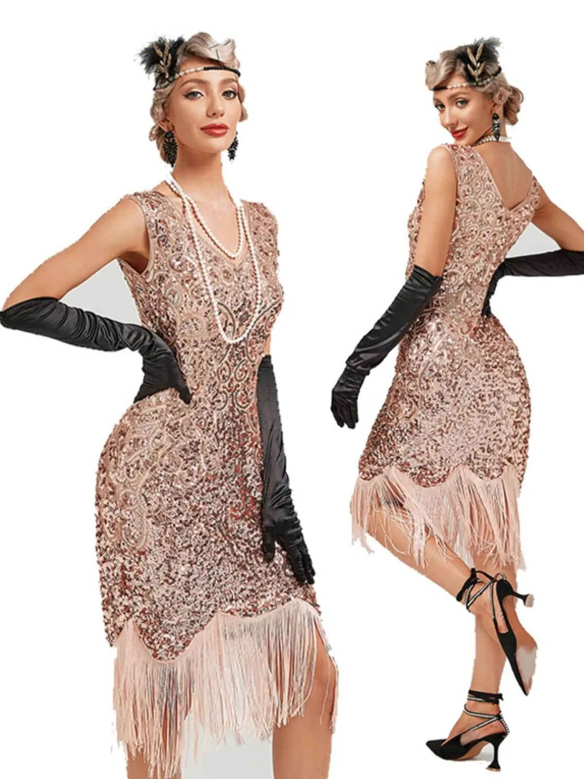 Clearance Retro Stage 1920s V-Neck Sequined Tassel Gatsby Dress