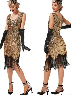 Clearance Retro Stage 1920s V-Neck Sequined Tassel Gatsby Dress
