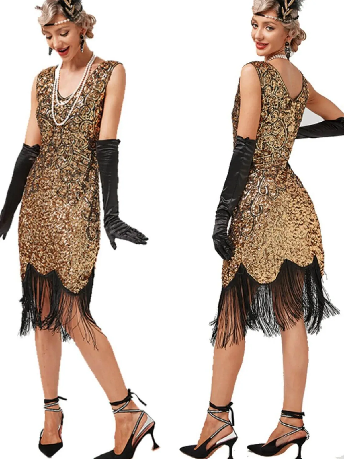 Clearance Retro Stage 1920s V-Neck Sequined Tassel Gatsby Dress