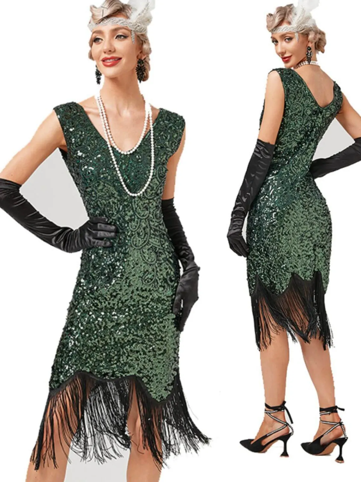 Clearance Retro Stage 1920s V-Neck Sequined Tassel Gatsby Dress
