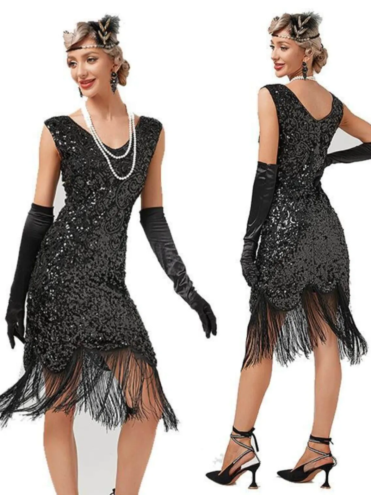Clearance Retro Stage 1920s V-Neck Sequined Tassel Gatsby Dress