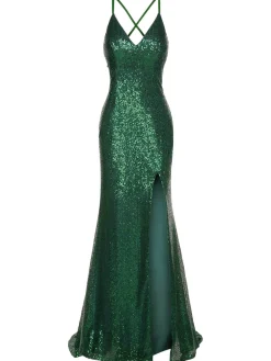 New Retro Stage 1920s V-Neck Side Slit Sequined Sling Dress Green