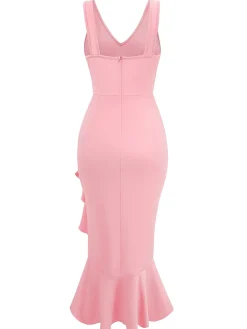 Online Retro Stage 1930s V-Neck Sleeveless Ruffled Fishtail Dress