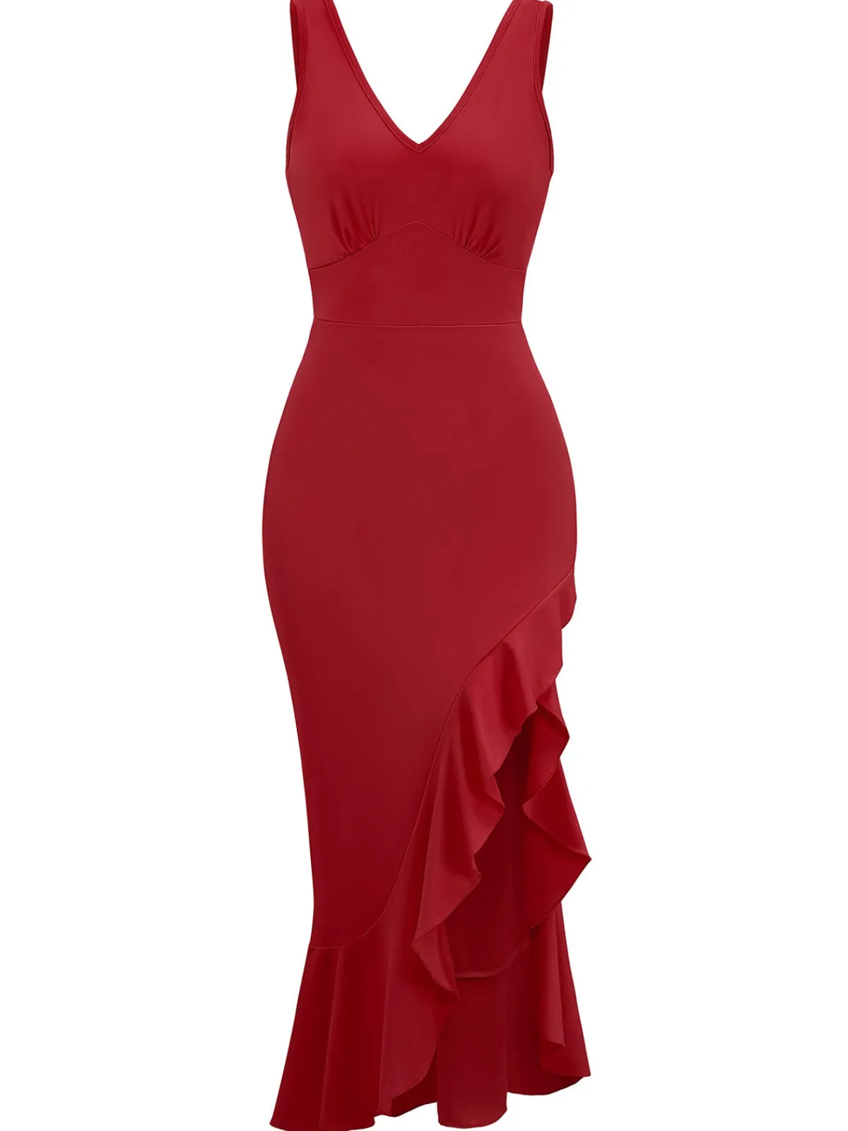 Online Retro Stage 1930s V-Neck Sleeveless Ruffled Fishtail Dress