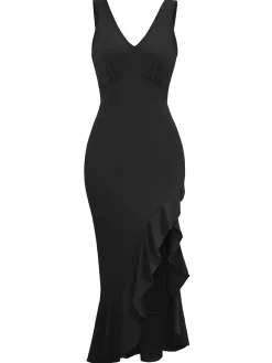 Online Retro Stage 1930s V-Neck Sleeveless Ruffled Fishtail Dress