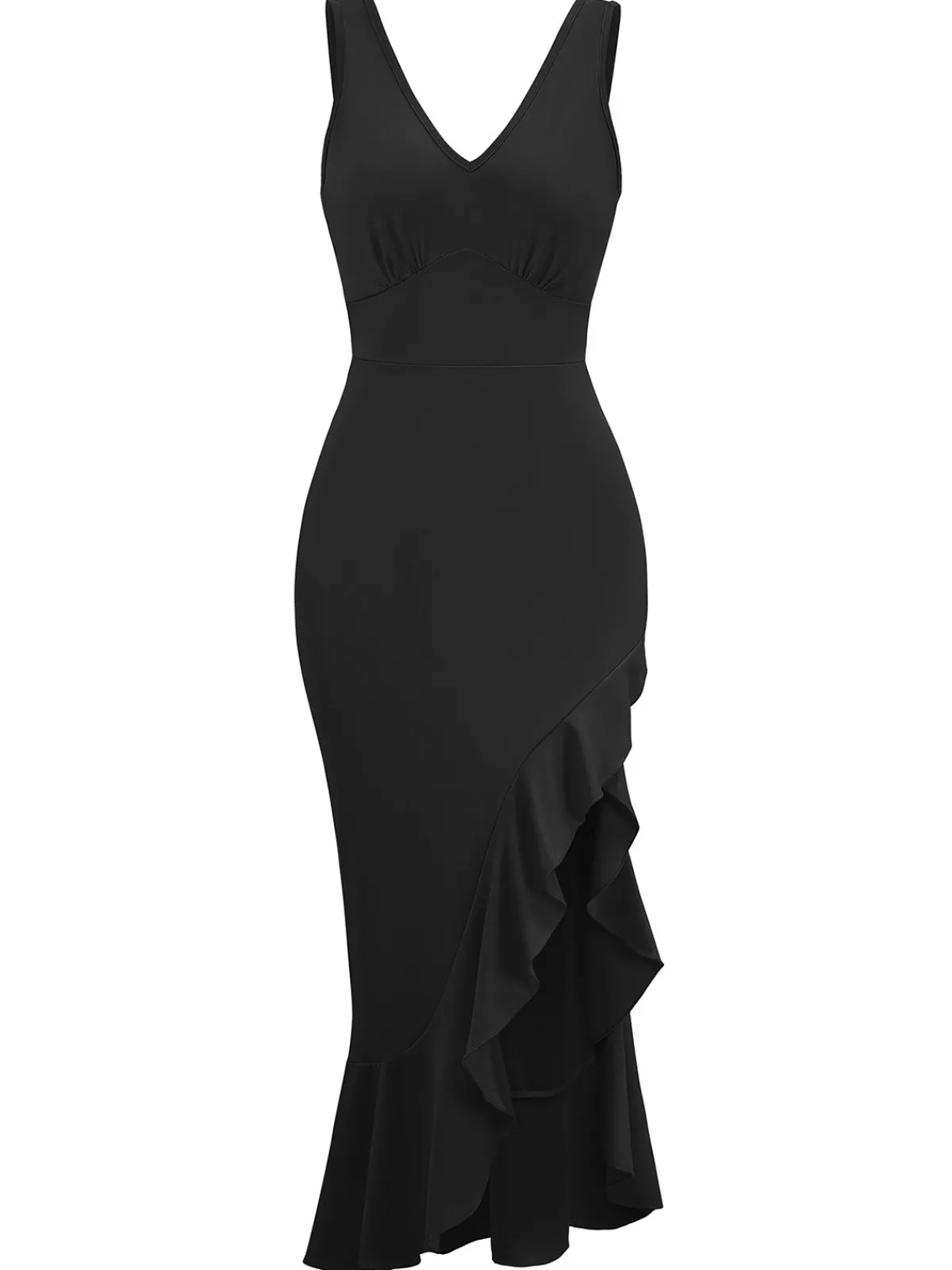 Online Retro Stage 1930s V-Neck Sleeveless Ruffled Fishtail Dress