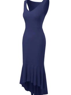 Best Retro Stage 1930s V-Neck Sleeveless Ruffled Fishtail Dress