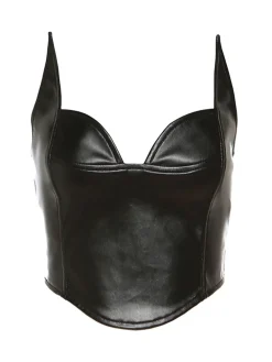 Online Retro Stage 1980s V-Neck Slim Backless Pu Leather Vest Black