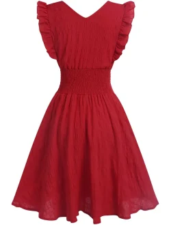 Discount Retro Stage 1950s V-Neck Smocked Waist Ruffles Sleeveless Dress