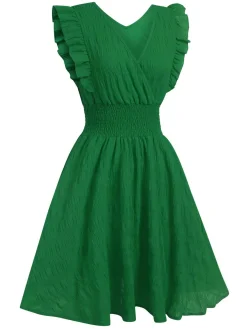 Discount Retro Stage 1950s V-Neck Smocked Waist Ruffles Sleeveless Dress