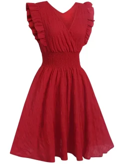 Discount Retro Stage 1950s V-Neck Smocked Waist Ruffles Sleeveless Dress
