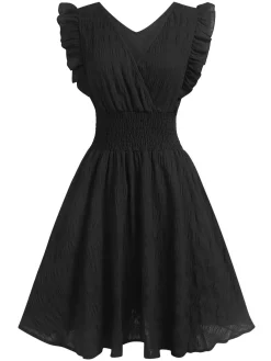 Discount Retro Stage 1950s V-Neck Smocked Waist Ruffles Sleeveless Dress