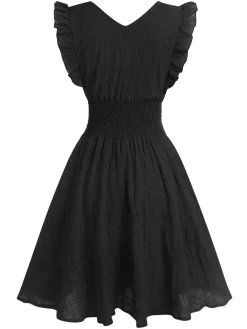 Discount Retro Stage 1950s V-Neck Smocked Waist Ruffles Sleeveless Dress