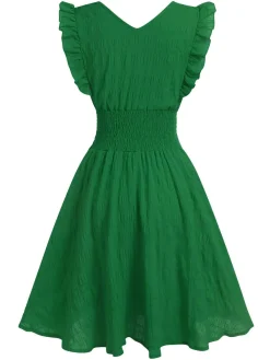 Discount Retro Stage 1950s V-Neck Smocked Waist Ruffles Sleeveless Dress