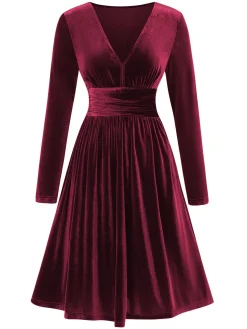 Outlet Retro Stage 1940s V-Neck Solid A-line Velvet Dress