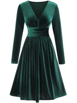 Outlet Retro Stage 1940s V-Neck Solid A-line Velvet Dress