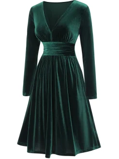 Outlet Retro Stage 1940s V-Neck Solid A-line Velvet Dress