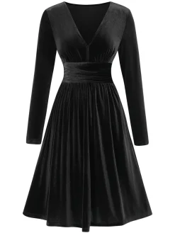 Outlet Retro Stage 1940s V-Neck Solid A-line Velvet Dress