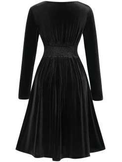 Outlet Retro Stage 1940s V-Neck Solid A-line Velvet Dress