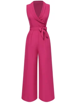 Best Retro Stage 1930s V-Neck Solid Belted Sleeveless Jumpsuit
