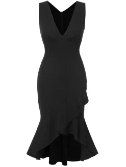 Sale Retro Stage 1930s V-Neck Solid Fishtail Bodycon Dress