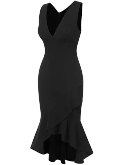 Sale Retro Stage 1930s V-Neck Solid Fishtail Bodycon Dress