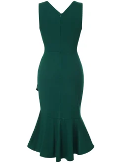 Sale Retro Stage 1930s V-Neck Solid Fishtail Bodycon Dress