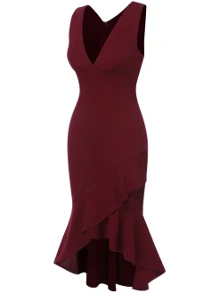 Sale Retro Stage 1930s V-Neck Solid Fishtail Bodycon Dress