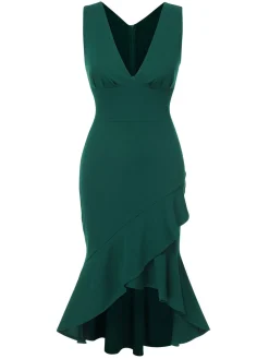 Sale Retro Stage 1930s V-Neck Solid Fishtail Bodycon Dress