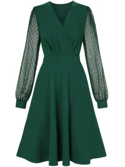Fashion Retro Stage 1940s V-Neck Solid Polka Dots Patchwork Dress