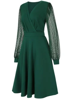 Fashion Retro Stage 1940s V-Neck Solid Polka Dots Patchwork Dress