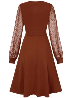Fashion Retro Stage 1940s V-Neck Solid Polka Dots Patchwork Dress