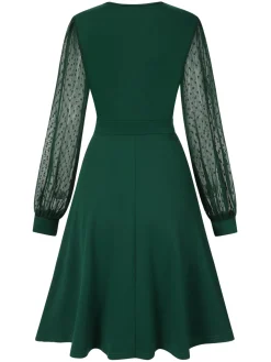 Fashion Retro Stage 1940s V-Neck Solid Polka Dots Patchwork Dress
