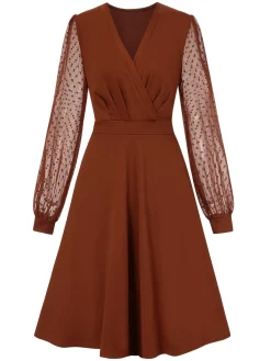 Fashion Retro Stage 1940s V-Neck Solid Polka Dots Patchwork Dress