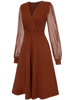 Fashion Retro Stage 1940s V-Neck Solid Polka Dots Patchwork Dress