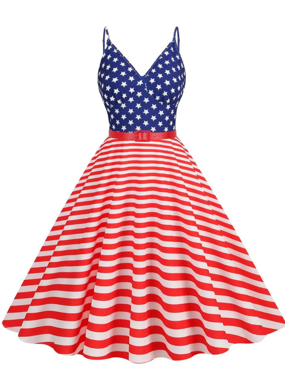 Online Retro Stage 1950s V-Neck Star Stripes Flag Belted Swing Dress