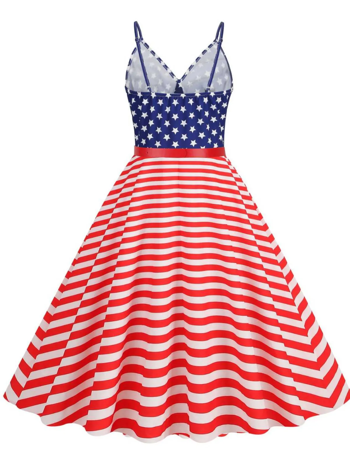 Online Retro Stage 1950s V-Neck Star Stripes Flag Belted Swing Dress