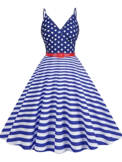 Online Retro Stage 1950s V-Neck Star Stripes Flag Belted Swing Dress