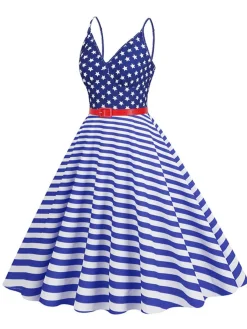 Online Retro Stage 1950s V-Neck Star Stripes Flag Belted Swing Dress