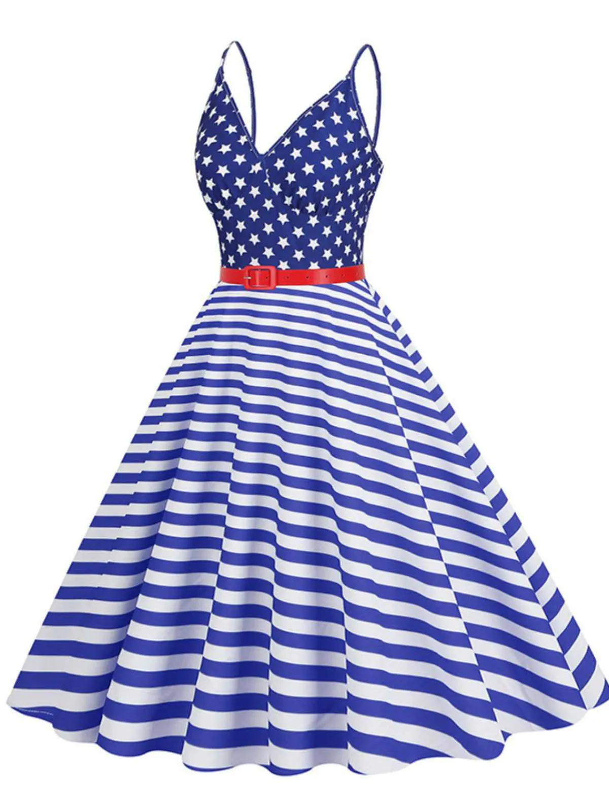 Online Retro Stage 1950s V-Neck Star Stripes Flag Belted Swing Dress