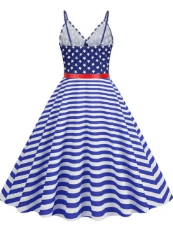 Online Retro Stage 1950s V-Neck Star Stripes Flag Belted Swing Dress