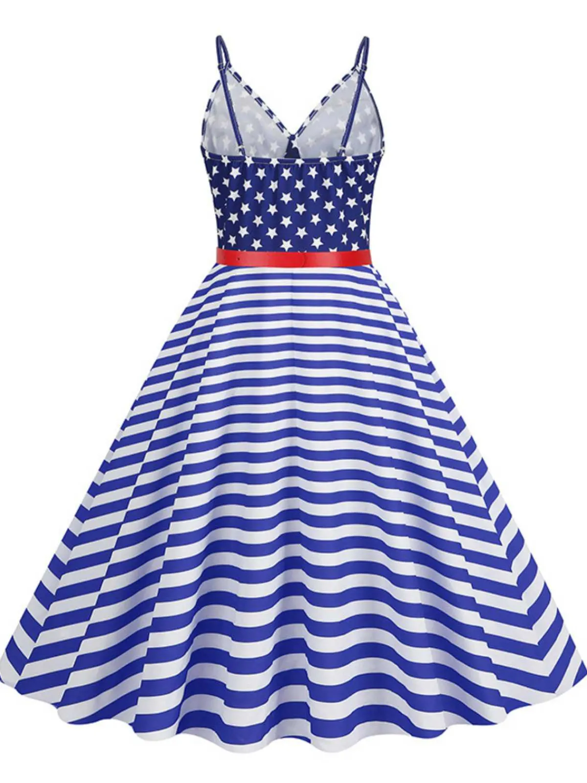 Online Retro Stage 1950s V-Neck Star Stripes Flag Belted Swing Dress