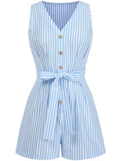Sale Retro Stage 1950s V-Neck Stripes Sleeveless Belted Romper