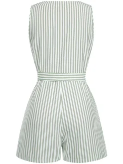 Sale Retro Stage 1950s V-Neck Stripes Sleeveless Belted Romper