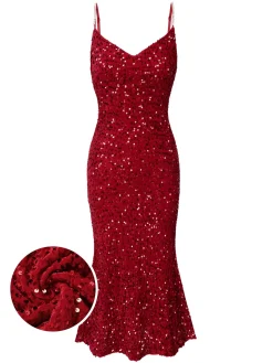Discount Retro Stage 1930s V-Neck Suspender Sequined Fishtail Dress